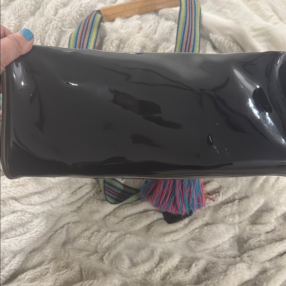 Consuela Black Tote Bag with Colorful Appliqués and Striped Strap - Picture 9 of 12